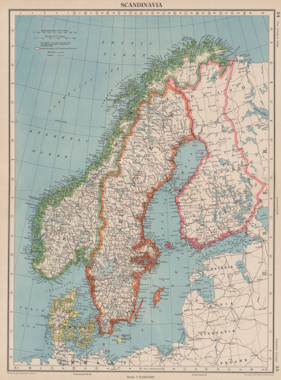 SCANDINAVIA. Sweden Norway Denmark Finland (shows < 1940 borders)  1944 map